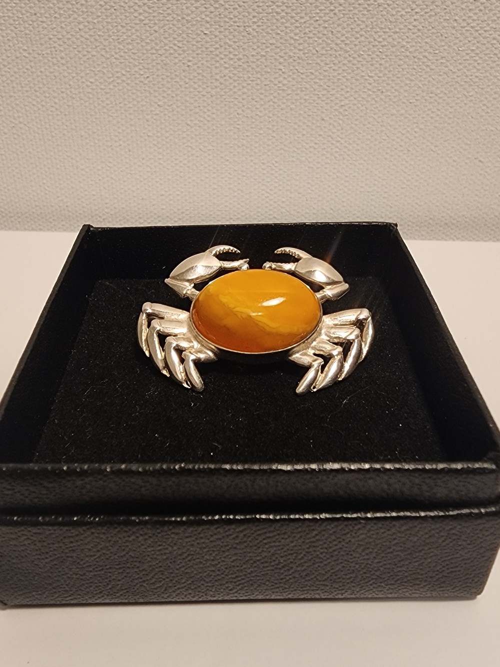 Silver Crab Brooch with Amber Center
